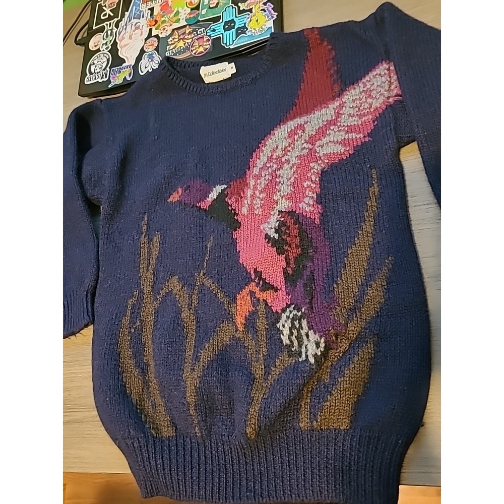 J.H. Collectibles Women's Lrg 100% Wool Sweater Vibrant Duck Flying Out Of Marsh View 3